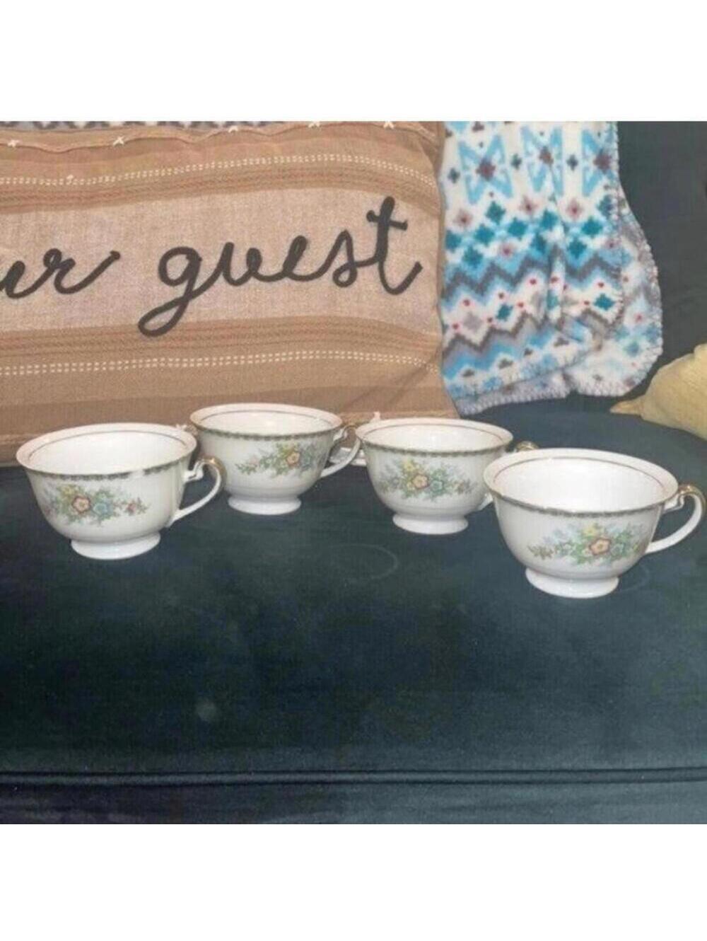 Made in Japan Set of 4 White and Floral Teacups with Gold Trim